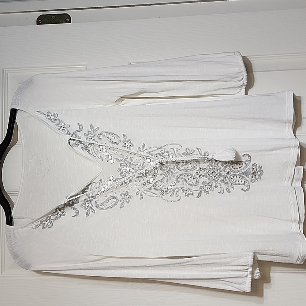 INC International Concepts White Blouse with Silver Embroidery And Bling.